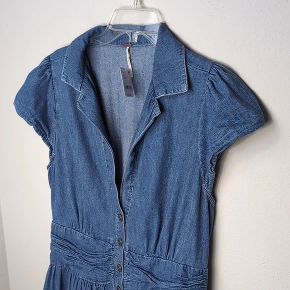 Free People Chester Dress Womens Large Stretch Denim Flutter Sleeve Sparkle 8 - Picture 5 of 15